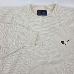 Isle of Cotton Mens LG Cream White Golf Embroidered Crew Neck Sweater Cotton